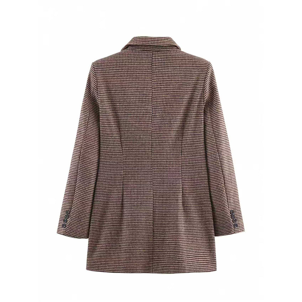 Women's mid length style double breasted Plaid Blazer Coat