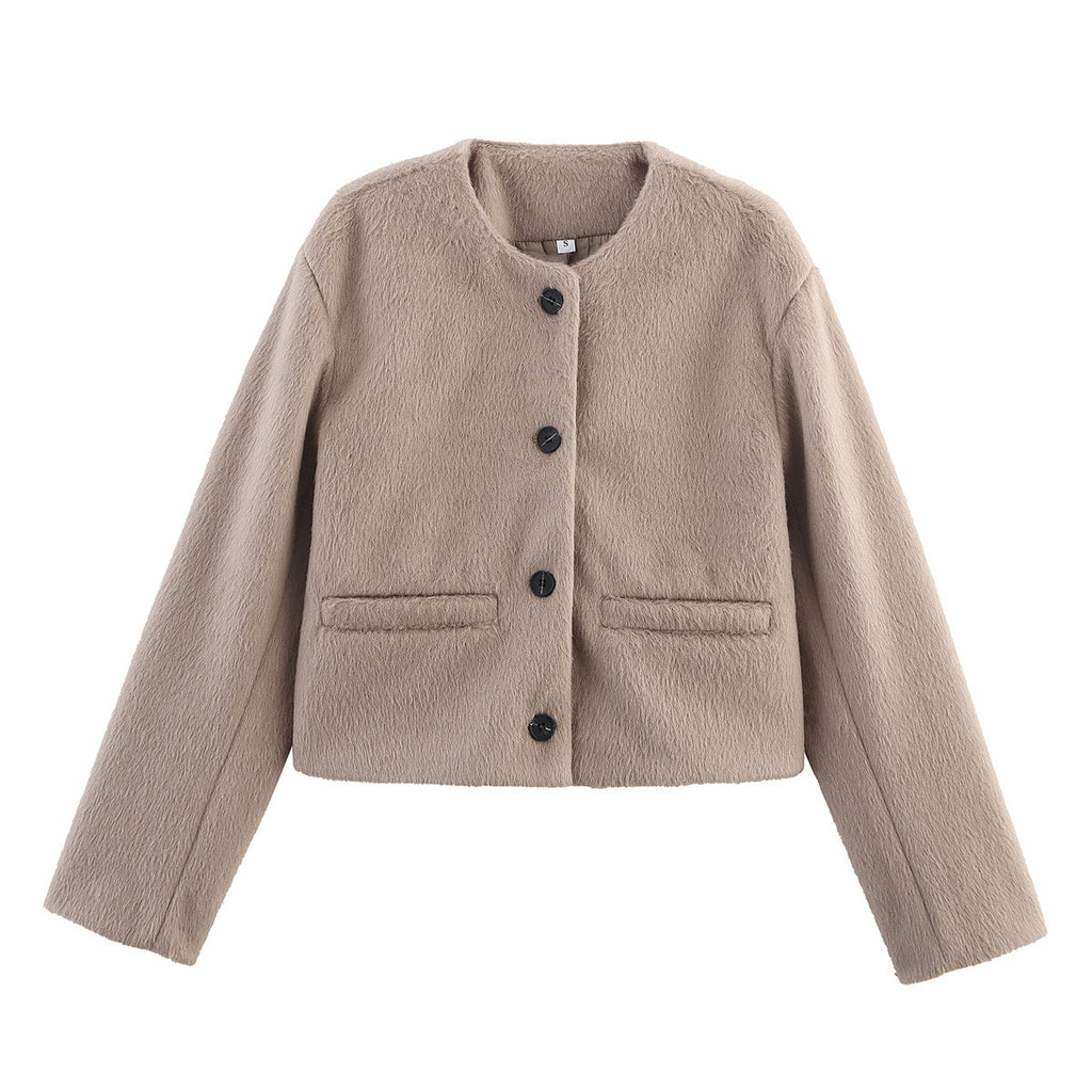 Women's short round neck wool blend Coat